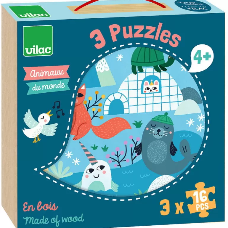 VILAC Puzzles Dès 4 Ans, 36 Pcs<Coffret 3 Puzzles En Bois 'Animaux Du Monde' Michelle Carlslund 8530
