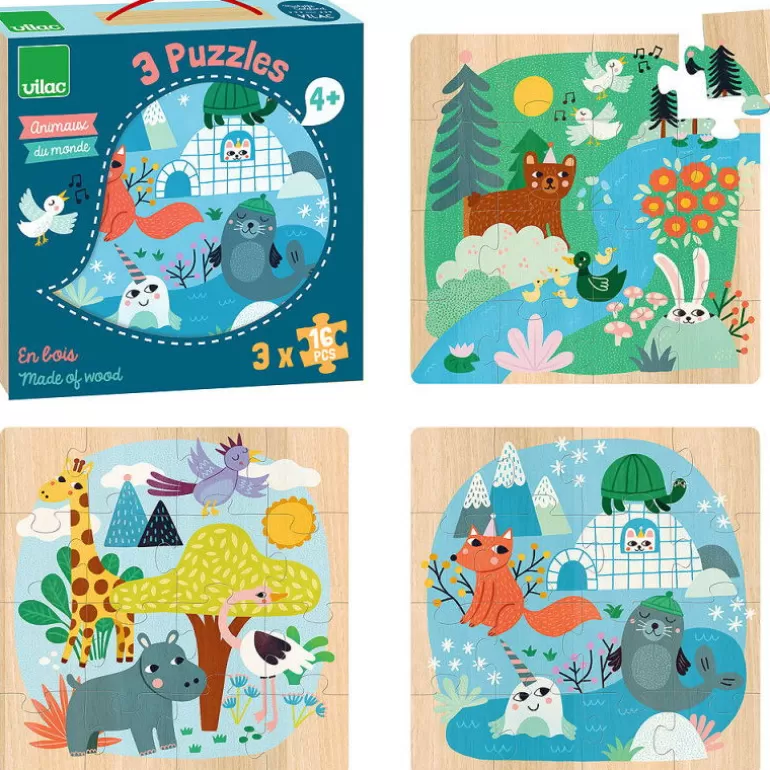 VILAC Puzzles Dès 4 Ans, 36 Pcs<Coffret 3 Puzzles En Bois 'Animaux Du Monde' Michelle Carlslund 8530