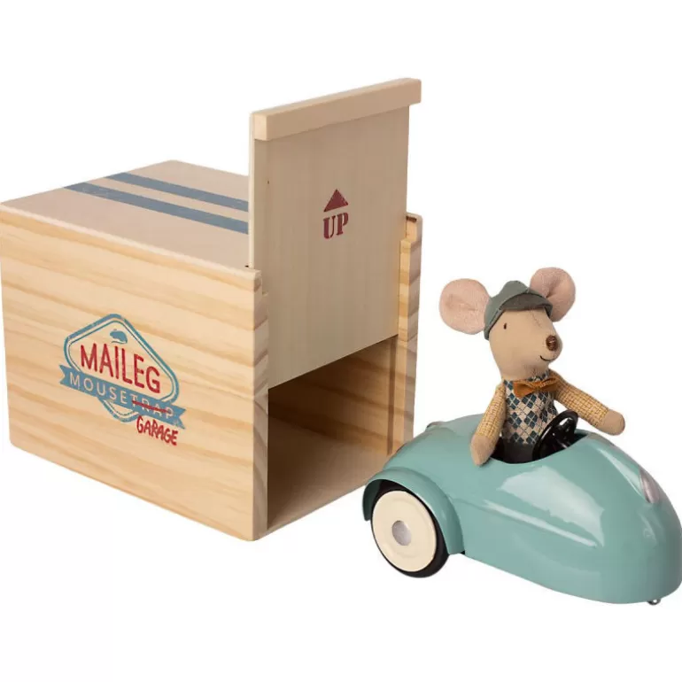 Maileg Maison De Poupee En Bois<Petite Souris Et Sa Voiture De Collection Bleue Avec Garage